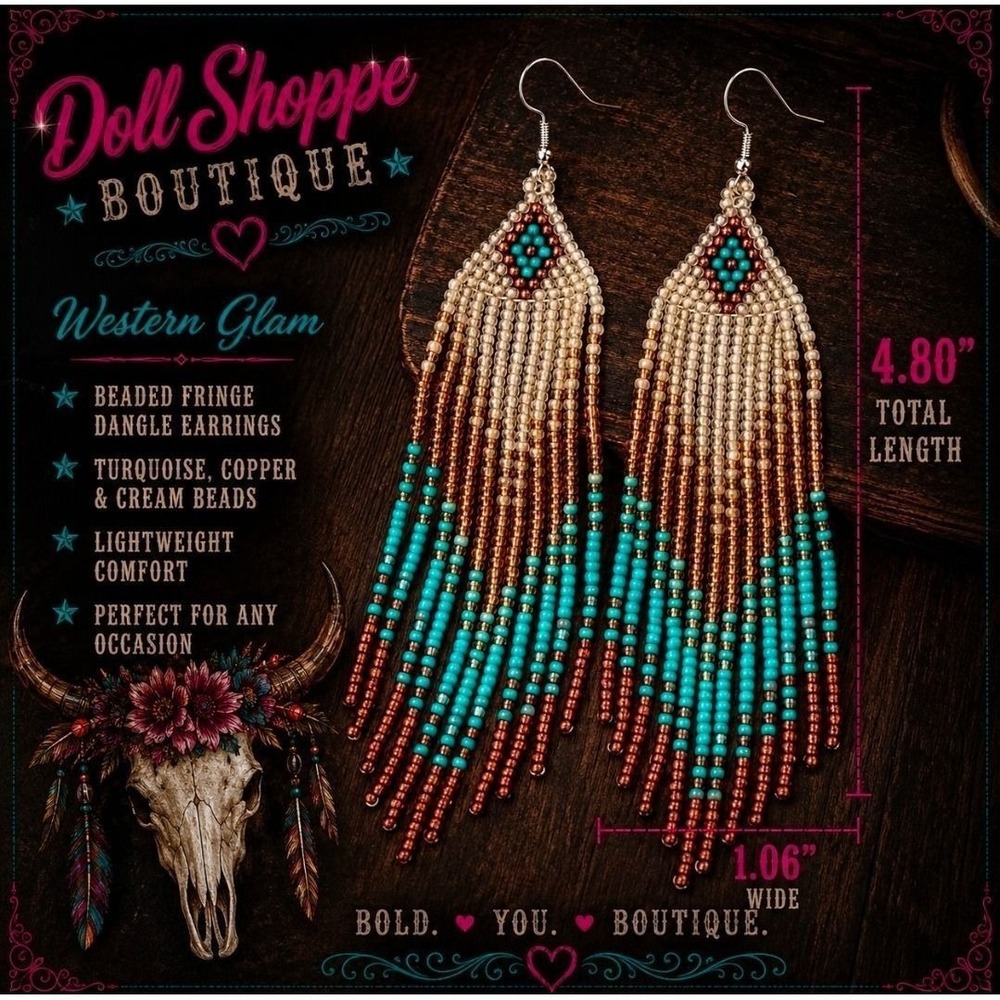 Western Glam Turquoise Beaded Fringe Statement Earrings